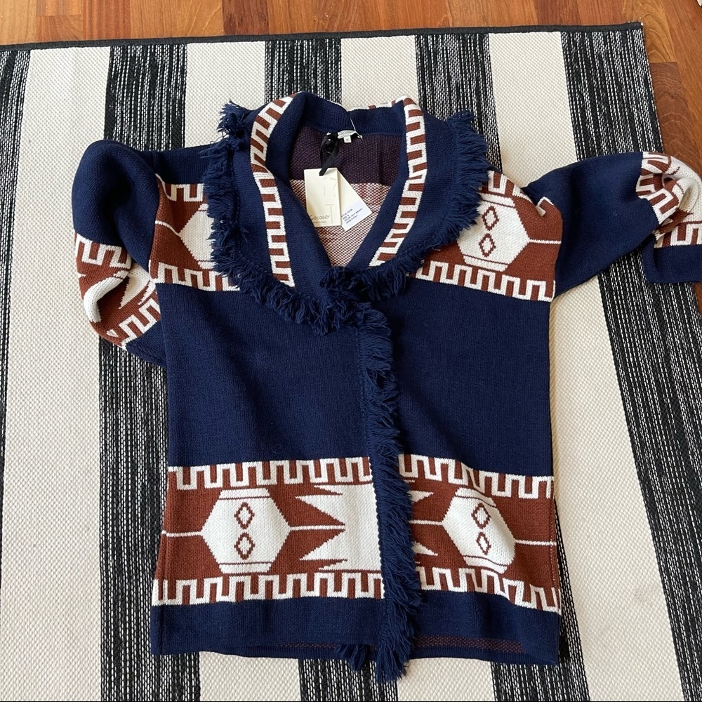 Cocogio Womens Navy Blue Aztec Print Fringe Wool Blend Long Cardigan New! - Picture 7 of 8